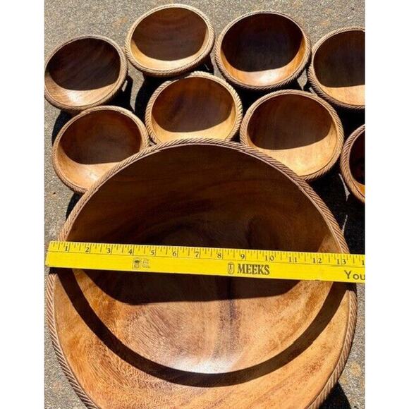 Vintage Monkey Pod Wood Salad Bowl Set Hand Carved Triple Feet Water Buffalo - Picture 3 of 10